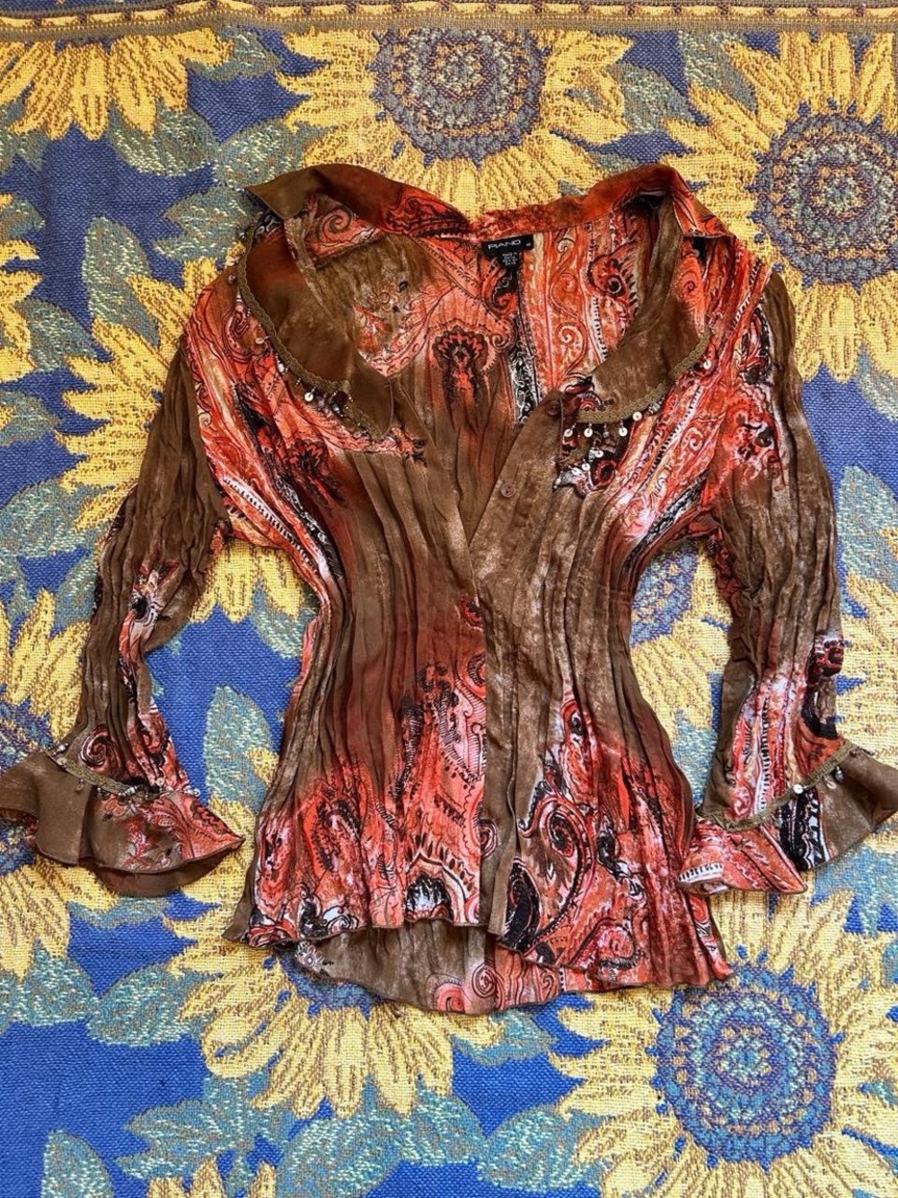 Women’s Brown & Orange Paisley Button-Front Blouse